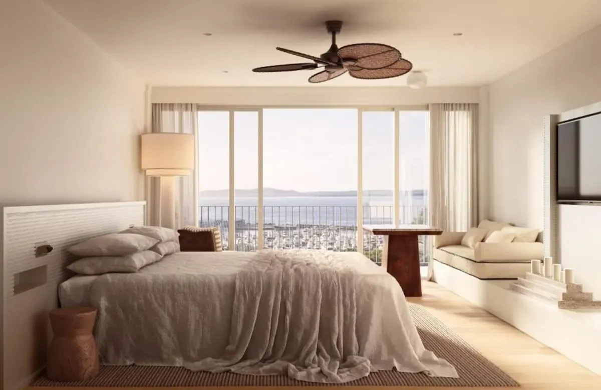 Bedroom with marina views at Marina Resort Nelson Bay
