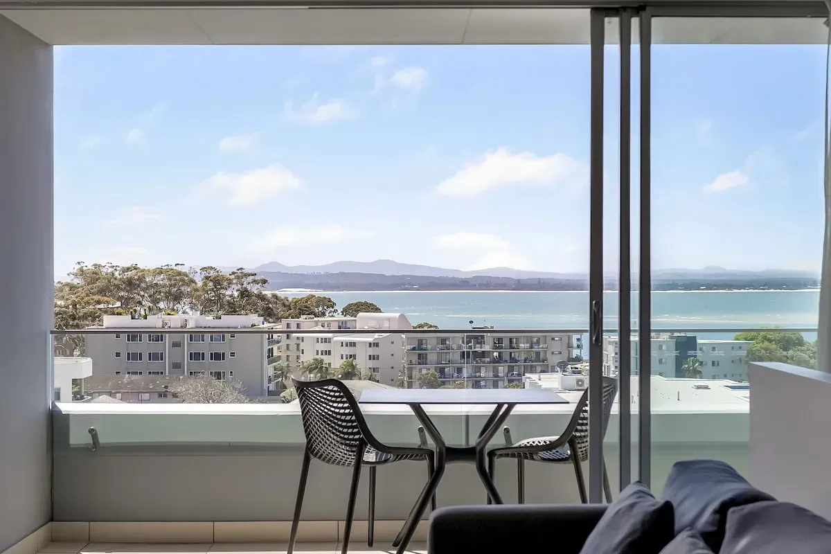 Balcony at Oaks Nelson Bay Lure Suites looking over the bay